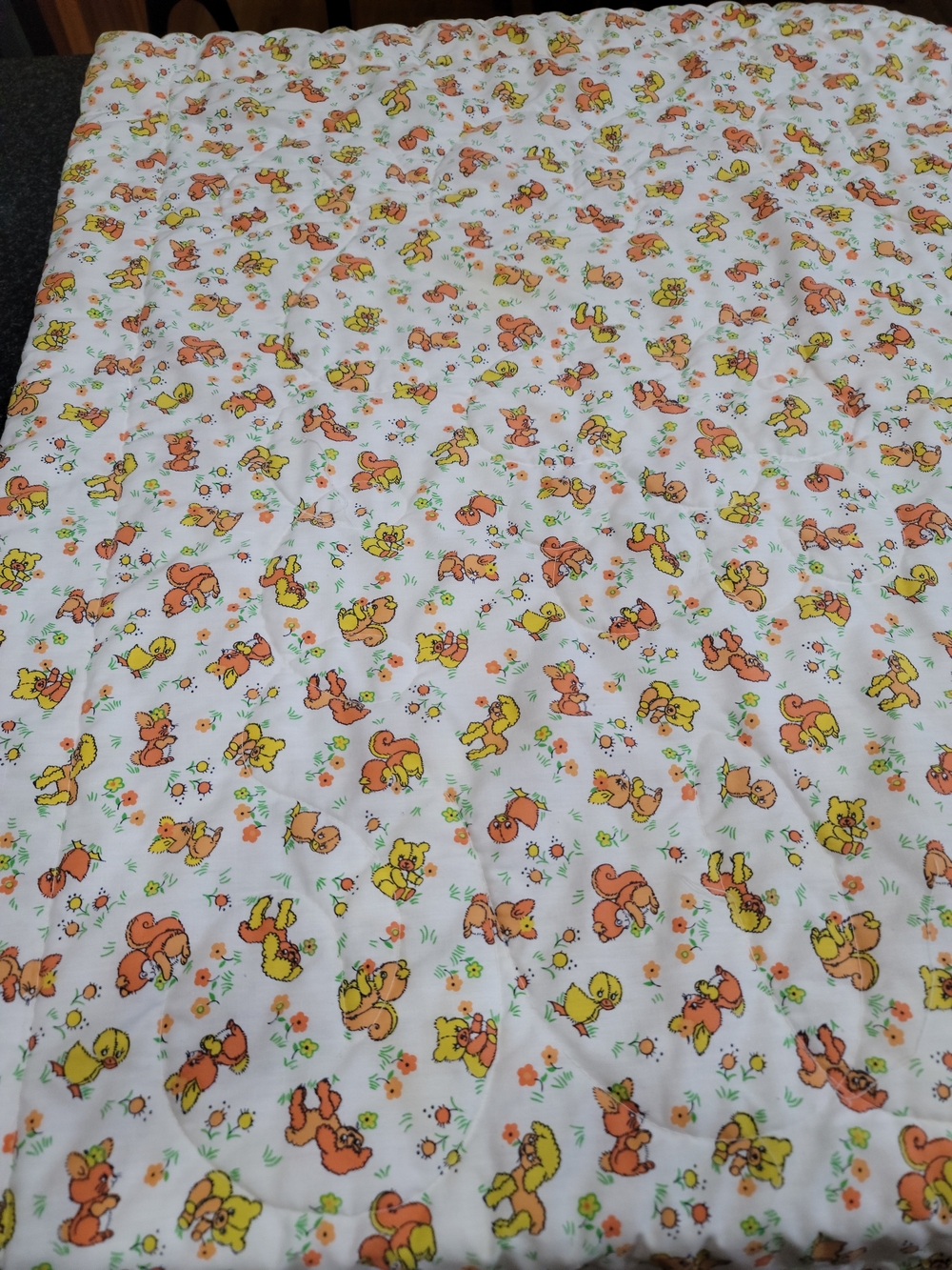 Vintage 70s Quilted Baby Blanket Comforter Retro Bear Squirrel Duck Cottagecore